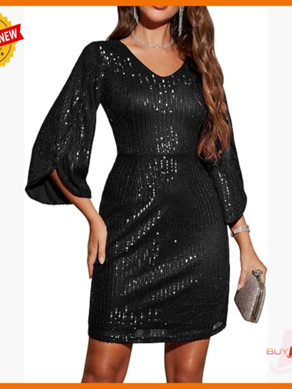 Sequin Formal Dress V Neck Long Sleeves Bodycon Cocktail Prom
